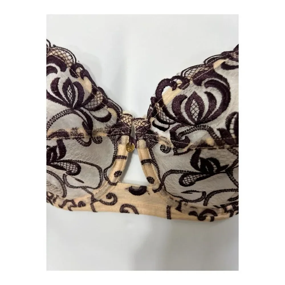 Cacique Purple Lace Sheer Balconette Bra Plus Size 40DD Underwire Embroidered